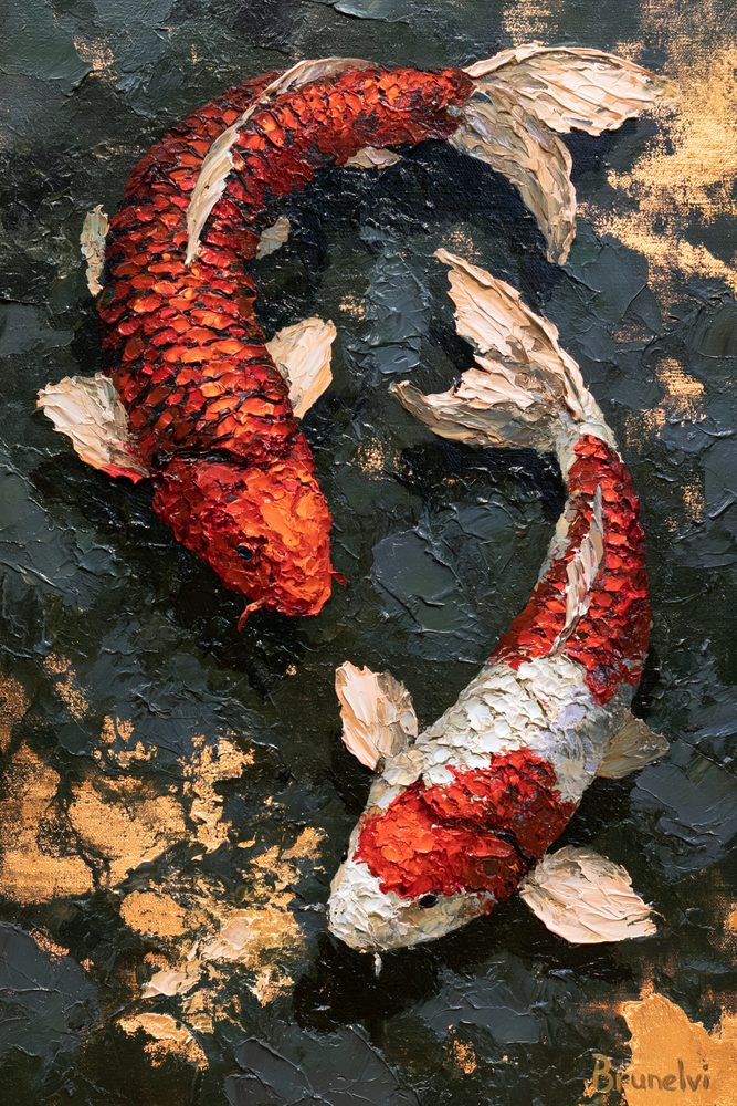 Koi fish impasto oil painting wall art — two koi in deep red and cream on dark textured background with gold accents